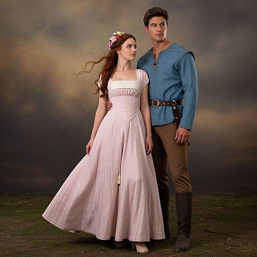 Photograph of a fair-skinned woman in a white, flowing dress with a floral headpiece, and a dark-haired man in a blue shirt and
