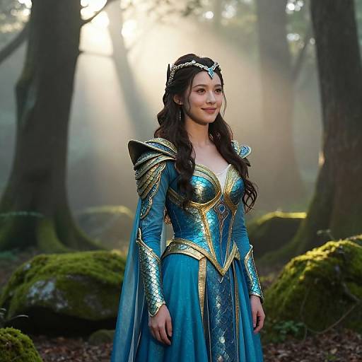Photograph of a young Asian woman with long black hair, wearing a blue and gold medieval-style princess dress, standing in a misty forest. Sun