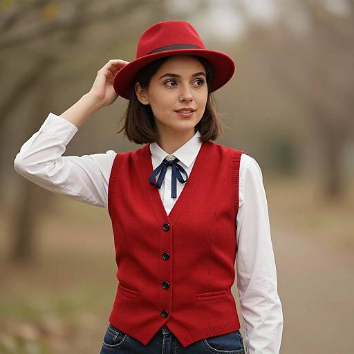 Vintage Woman in Red Vest and Hat