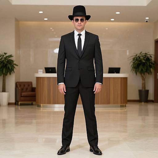 Photograph of a man in a black suit, white shirt, black tie, black fedora, and sunglasses, standing in a modern, brightly lit