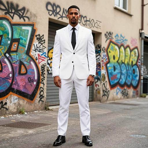 Photograph of a Black man with a trimmed beard in a white suit, black tie, and black shoes, standing confidently in front of colorful graffiti-covered