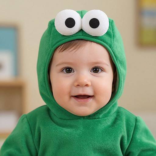 Photograph of a smiling baby in a green frog costume with white, round googly eyes, standing indoors with blurred background.