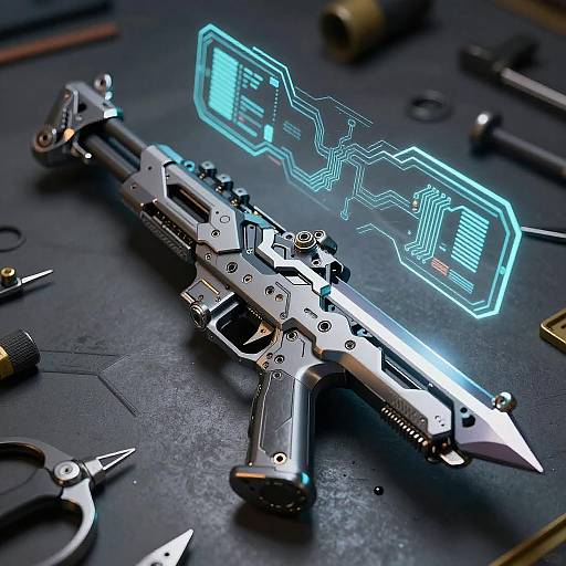 High-tech, cybernetic gun with glowing blue circuitry display on a dark, workbench background, surrounded by tools and mechanical parts. Photoreal