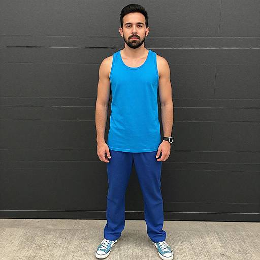 Photograph of a bearded man with short black hair, wearing a blue tank top, navy pants, and blue sneakers, standing against a dark gray