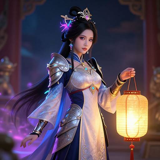 Digital art of an Asian woman in medieval armor, holding a glowing lantern, with dark hair, floral hairpin, and ornate dress.
