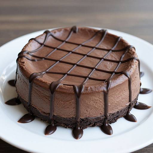 Photograph of a round, chocolate mousse cake with a grid of dark chocolate drizzle on top, on a white plate.