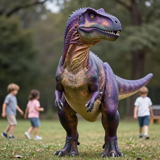 Photograph of a realistic, purple and green, lifelike dinosaur toy with textured scales standing in a grassy park, with three children blurred in