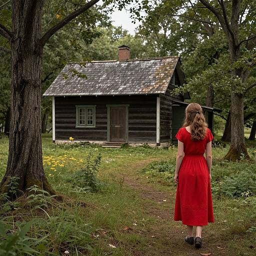 Photograph of a woman in a red dress walking towards a dark wooden cabin in a lush, green forest with yellow wildflowers.