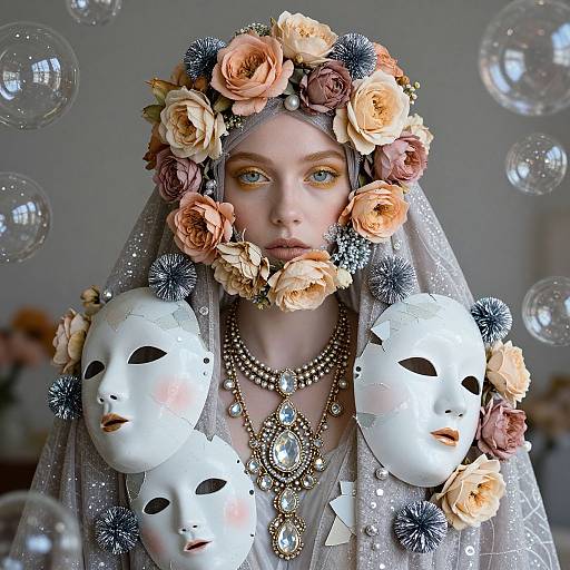 Photograph of a pale-skinned woman with blue eyes, wearing a floral crown, white veil, and three white masks, adorned with jewelry, surrounded