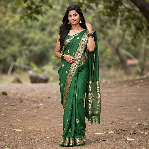 Photograph of a beautiful Indian woman with long black hair, wearing a green saree with gold embroidery, standing on a forest path.