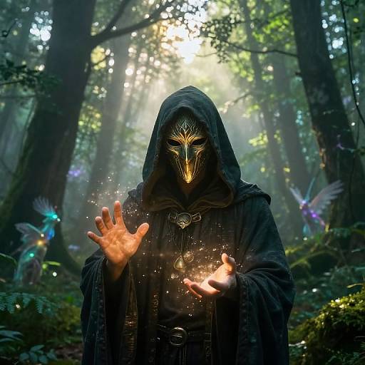Mysterious hooded figure with glowing mask and outstretched hands conjures sparks in a sunlit, enchanted forest, surrounded by ethereal creatures.