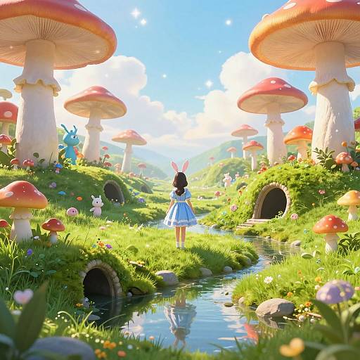 Digital artwork: A fairy with blue dress and pink bow, with rabbit ears, walks through a sunny, enchanted forest with giant red-and-white mushrooms,