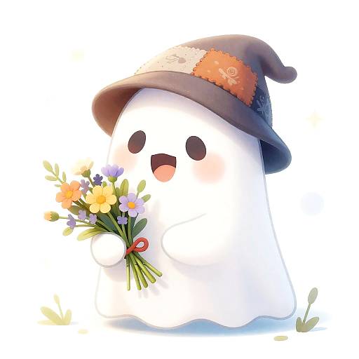 Whimsical Ghost Holding Wildflower Bouquet