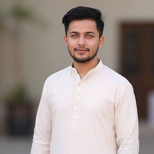 Photograph of a young South Asian man with short black hair and beard, wearing a white long-sleeve button-up shirt, standing outdoors with a