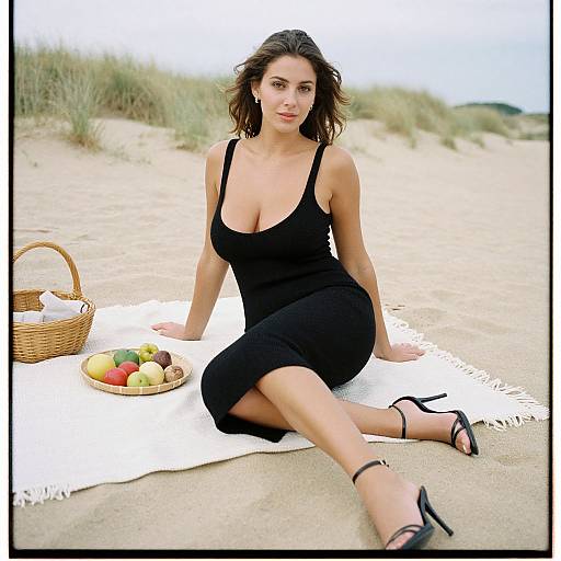 Photograph of a fair-skinned woman with wavy brown hair, wearing a black, low-cut dress and black heels, sitting on a white blanket