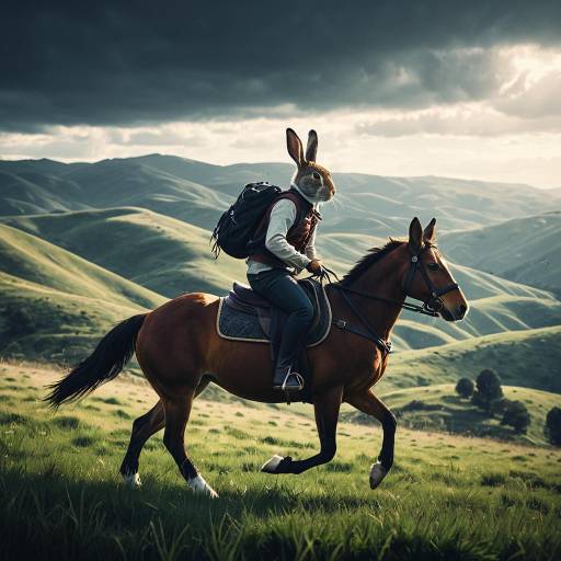 Adventurous Rabbit Riding Horse in Scenic Hills