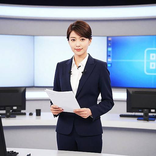 Photograph of a smiling Asian woman with short brown hair, wearing a black blazer and white shirt, holding papers in a modern, brightly lit office