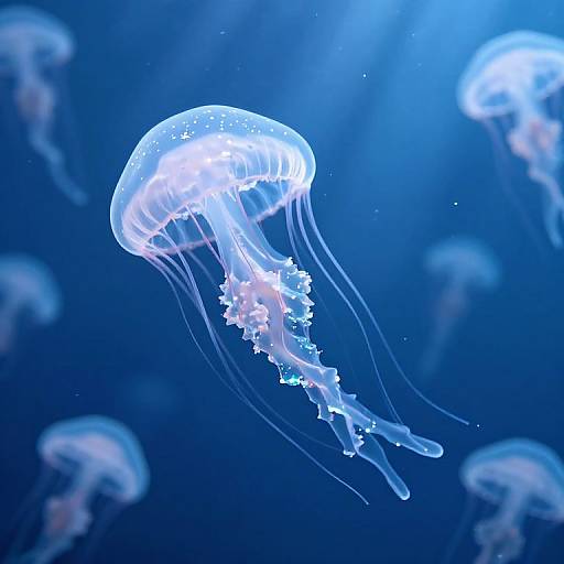 Photograph of a glowing, translucent jellyfish with delicate, flowing tentacles in a deep blue underwater ocean, surrounded by blurred jellyfish in the background