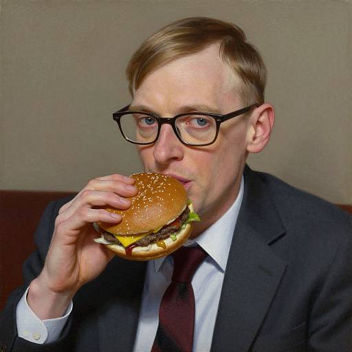 Photograph of a bespectacled, light-skinned man in a black suit and maroon tie eating a sesame-seed burger at a restaurant