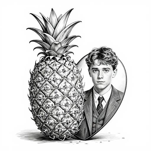 Black and white digital illustration of a pineapple beside a circular portrait of a suited man with wavy hair.