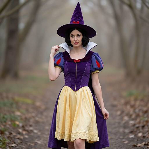 Photograph of a woman in a Snow White-inspired witch costume, with a purple hat, yellow skirt, and dark blue bodice, standing in a