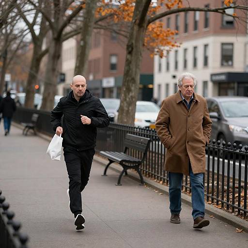 Urban Autumn Scene with Running Bald Man
