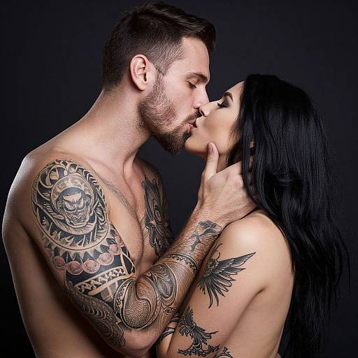 Photograph of a tattooed, shirtless white man with short brown hair kissing a tattooed woman with long black hair, dark background.