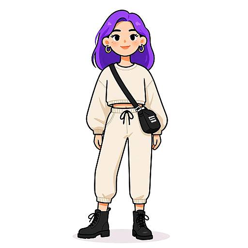 Digital cartoon of a purple-haired woman with hoop earrings, wearing a white crop sweatshirt, white pants, black boots, and a black shoulder bag,