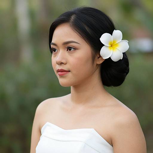 Photograph of a young Asian woman with fair skin, black hair in a bun, white plumeria flower, wearing a strapless white dress,