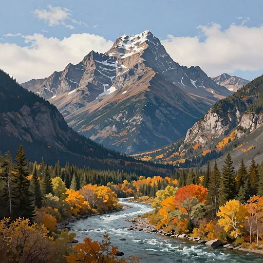 Photograph of a vibrant autumn landscape with a clear river, colorful fall foliage, and a snow-capped mountain under a bright blue sky.