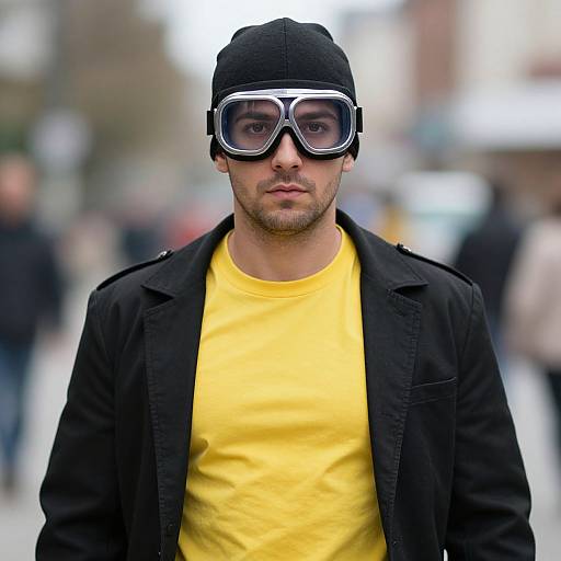 Photograph of a young man with light skin, wearing a black beanie, yellow shirt, black jacket, and large goggles, standing in a blurred