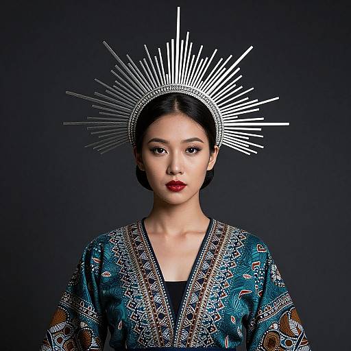 Photograph of an Asian woman with red lipstick, black hair, and a radiant silver headpiece, wearing a blue, patterned kimono against a