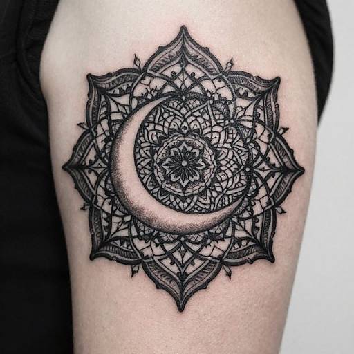 Black ink mandala tattoo with a crescent moon on a pale arm, detailed with intricate patterns and symmetrical design.