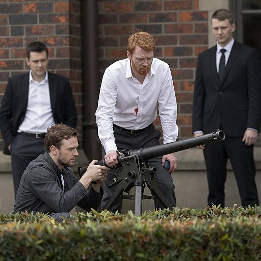 Men by Artillery with Intense Expressions