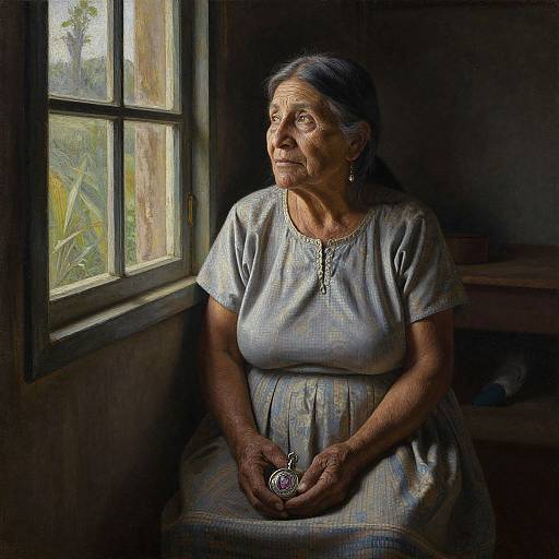 Photograph of an elderly woman with gray hair, wearing a light blue dress, sitting by a sunlit window, holding a silver pendant, gazing