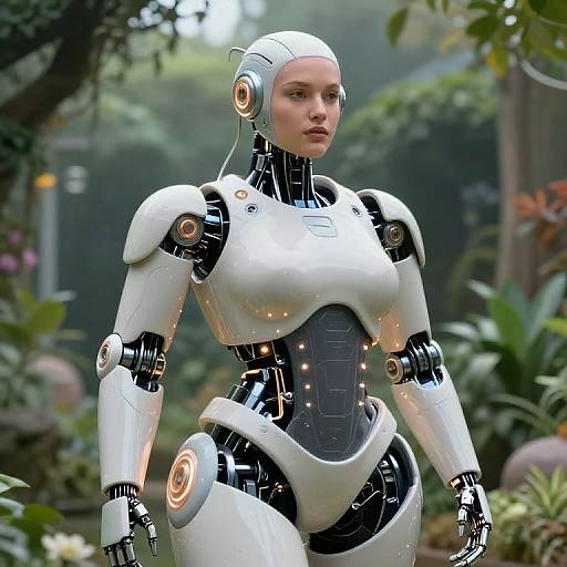 Photorealistic CGI of a white, humanoid female robot with glowing orange accents, standing in a lush, green forest. She has a sleek, futuristic