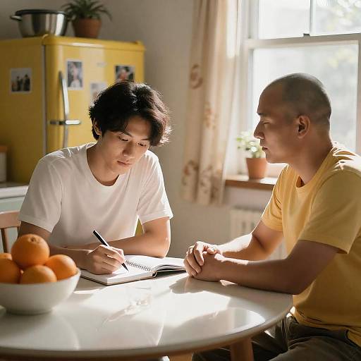 Two Men at Sunlit Kitchen Table