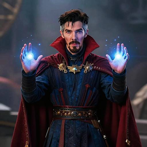Photorealistic CGI of a bearded, dark-haired man in a dark blue, ornate robe with a red cape, casting glowing blue magic from