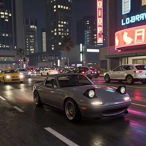 Nighttime city street scene photograph of a sleek gray convertible with headlights on, surrounded by cars, neon signs, and wet pavement.