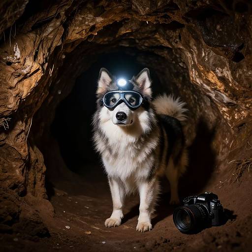Photograph of a fluffy Siberian Husky with a headlamp and goggles, standing in a dark, rocky cave, with a camera on the cave