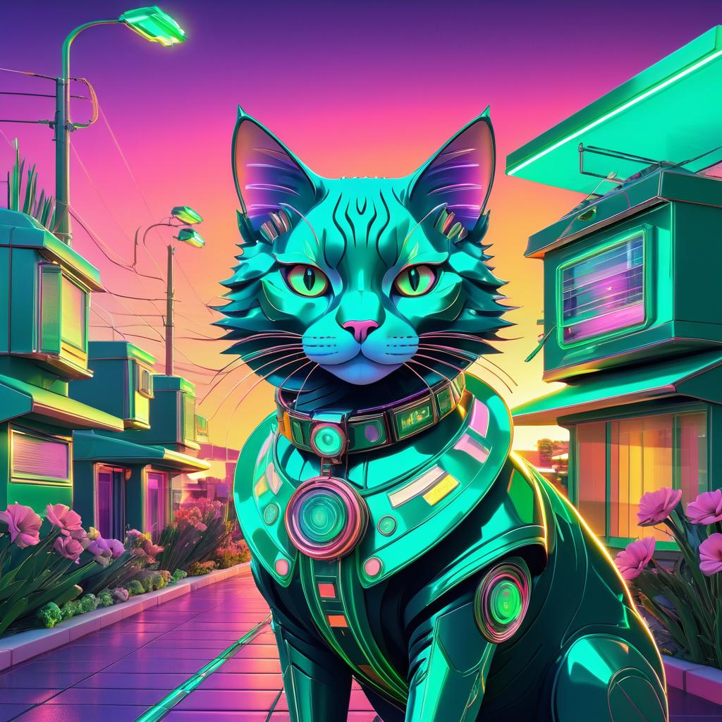 Whimsical Cyber-Cat in Suburban Sunset