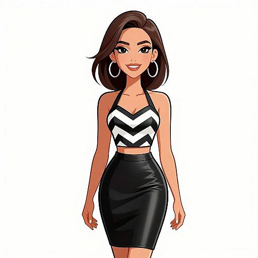 Digital illustration of a confident woman with medium-length brown hair, wearing a black and white chevron crop top and black leather skirt, large hoop earrings,