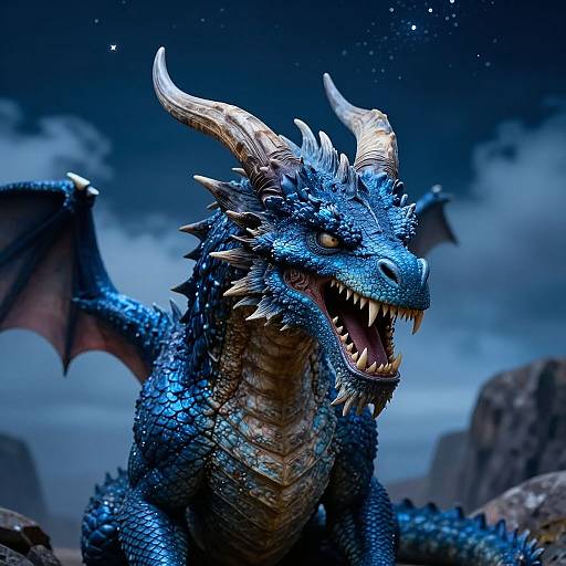 Photorealistic digital artwork of a fierce blue dragon with sharp horns, scales, and open mouth showing sharp teeth, set against a dark, cloudy sky