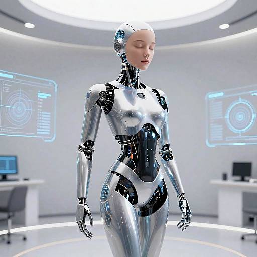 Photorealistic CGI of a sleek, silver robotic woman with a bald head, standing in a futuristic, white-lit control room.