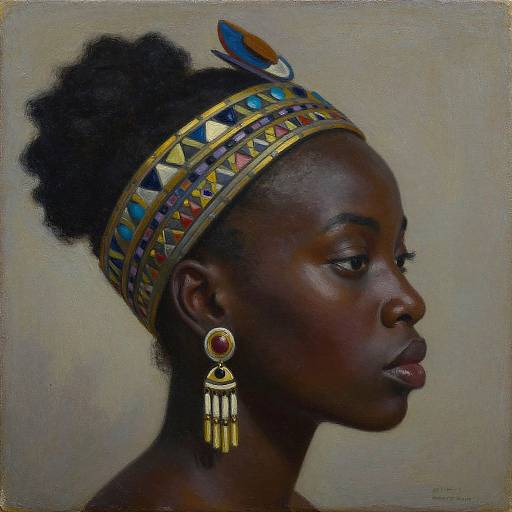 Photorealistic painting of a dark-skinned African woman with a colorful headband, geometric earrings, and a focused profile against a neutral background.