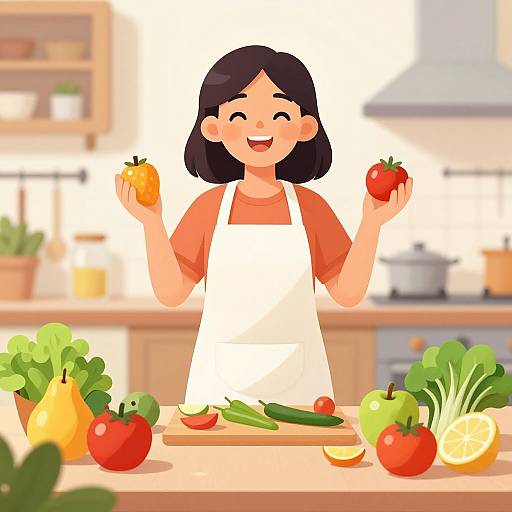 Digital illustration of a smiling Asian girl with short black hair, wearing an orange shirt and white apron, holding yellow and red tomatoes in a brightly lit