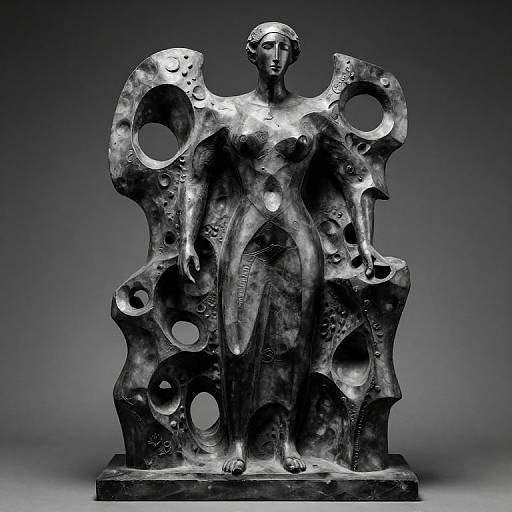 Photograph of a metallic, abstract sculpture of a nude woman with large, circular cutouts and a textured, reflective surface, standing against a gradient gray