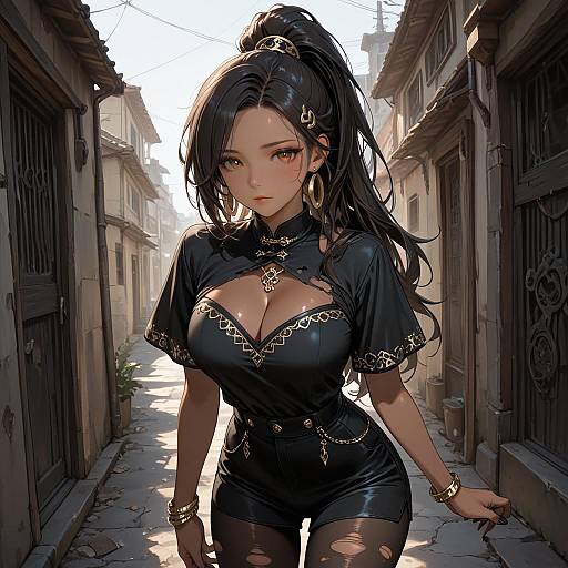 Dark-Skinned Woman in Black Outfit on Alleyway