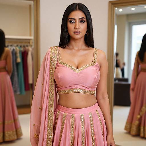 Photograph of a beautiful Indian woman with long black hair, wearing a pink traditional outfit with gold embroidery, standing confidently in a brightly lit clothing store.
