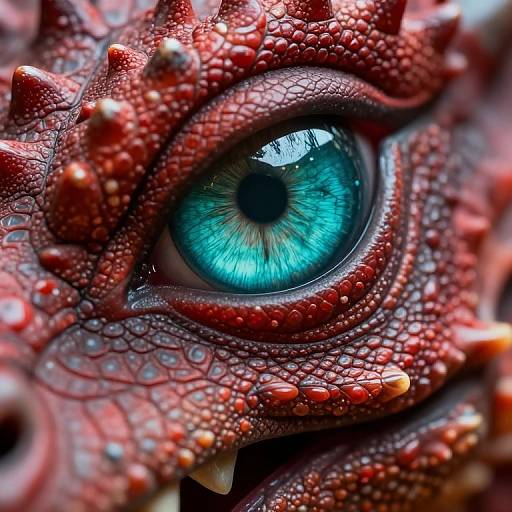Close-up photograph of a vivid blue dragon eye with intricate red scales and sharp, white spikes, reflecting light in the pupil.